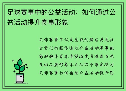 足球赛事中的公益活动：如何通过公益活动提升赛事形象